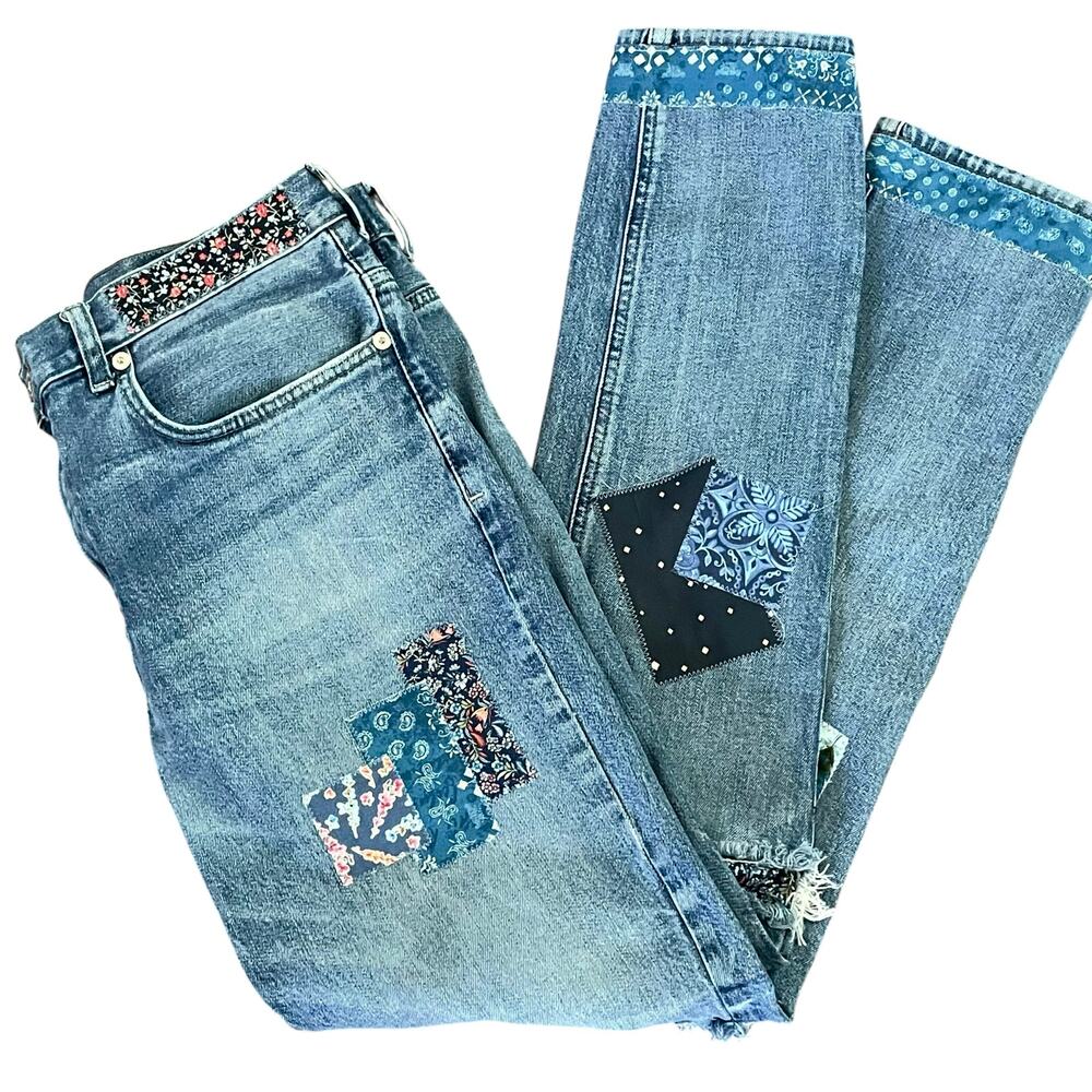 Upcycled Jeans Boho Style Patched Bleached Star Design Waist‎ 34-36" Tapered Leg